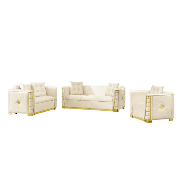 English Elm 3Pc Italian Velvet Living Room Sofa Set with Gold Metal Accents and Plush Cushions Beige W1191S00194