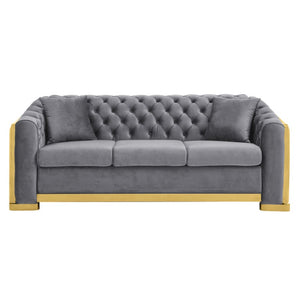 English Elm 3Pc Italian Velvet Living Room Sofa Set with Gold Metal Accents and Plush Cushions Gray W1191S00196