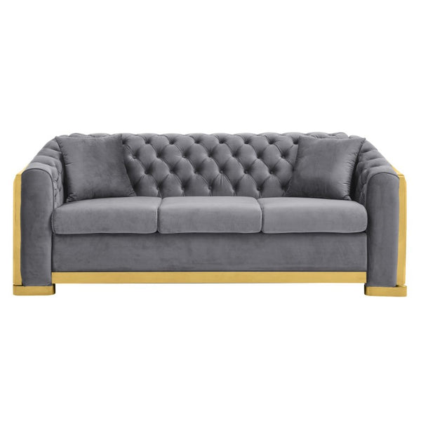 English Elm 3Pc Italian Velvet Living Room Sofa Set with Gold Metal Accents and Plush Cushions Gray W1191S00196
