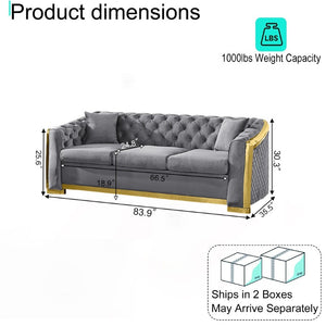 English Elm 3Pc Italian Velvet Living Room Sofa Set with Gold Metal Accents and Plush Cushions Gray W1191S00196
