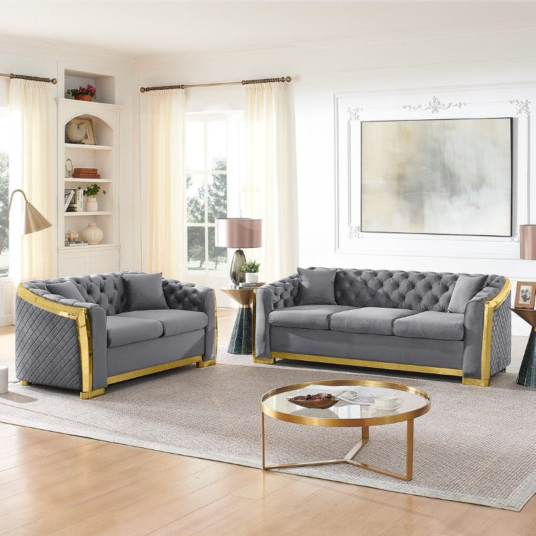 English Elm 2 Piece Chesterfield Velvet Sofa Set with Button Tufting and Gold Steel Trim for Living Room W1191S00198