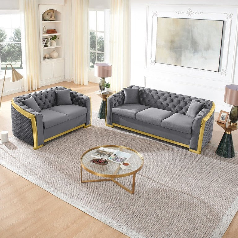 English Elm 2 Piece Chesterfield Velvet Sofa Set with Button Tufting and Gold Steel Trim for Living Room W1191S00198