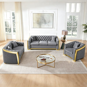 English Elm 3 Piece Chesterfield Velvet Living Room Set with Button Tufting and Gold Steel Trim W1191S00199