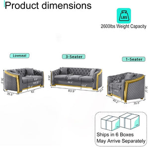 English Elm 3 Piece Chesterfield Velvet Living Room Set with Button Tufting and Gold Steel Trim W1191S00199