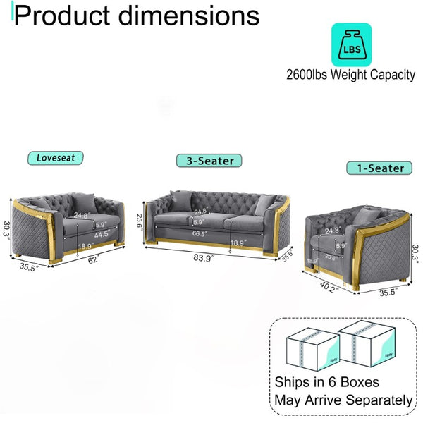 English Elm 3 Piece Chesterfield Velvet Living Room Set with Button Tufting and Gold Steel Trim W1191S00199