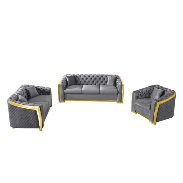 English Elm 3 Piece Chesterfield Velvet Living Room Set with Button Tufting and Gold Steel Trim W1191S00199