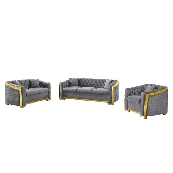 English Elm 3 Piece Chesterfield Velvet Living Room Set with Button Tufting and Gold Steel Trim W1191S00199