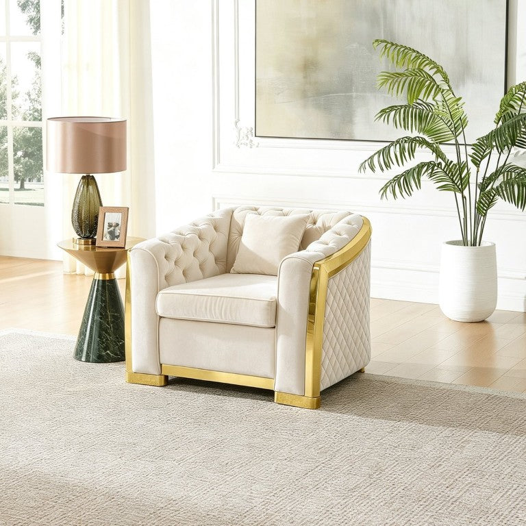 English Elm Luxury Italian Velvet Chesterfield Accent Chair with Gold Steel Trim and Button Tufting Beige W1191S00206