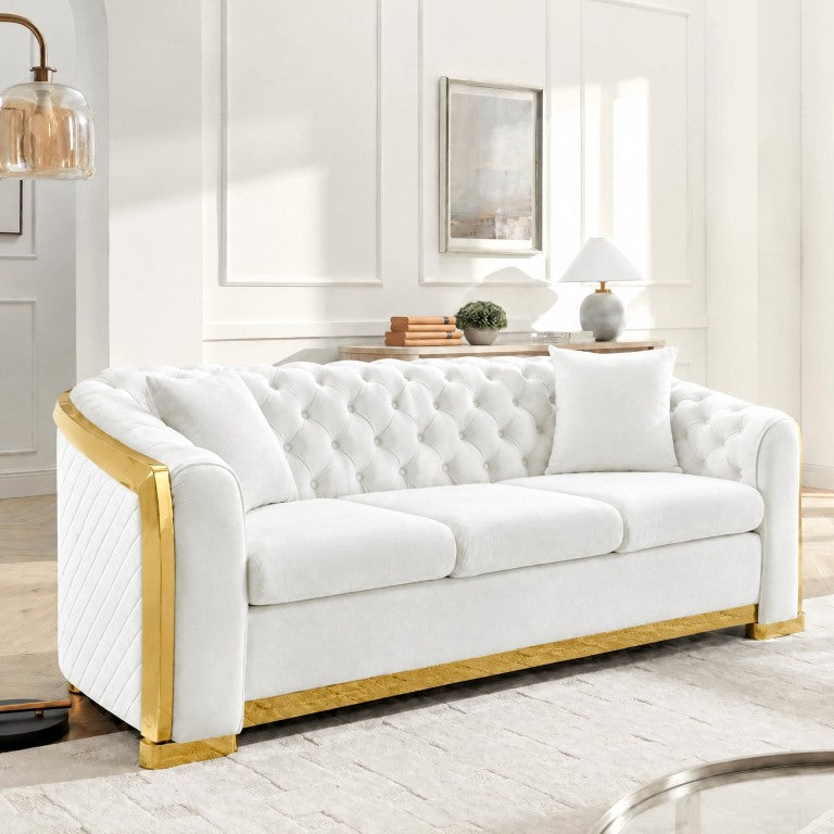 English Elm 84 Inch Velvet Chesterfield Sofa Button Tufted with Gold Steel Trim for Living Room W1191S00212