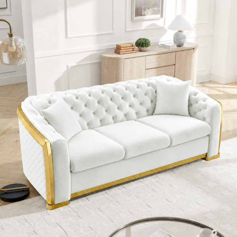 English Elm 84 Inch Velvet Chesterfield Sofa Button Tufted with Gold Steel Trim for Living Room W1191S00212