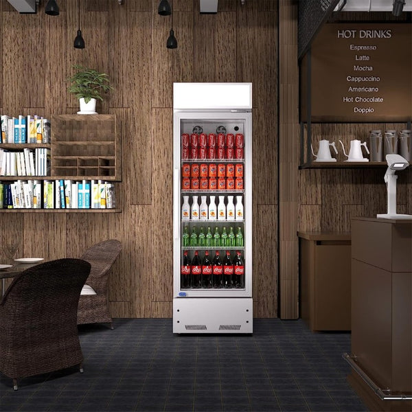 English Elm 8 Cu Ft Upright Glass Door Beverage Cooler with LED Modes and Keyed Lock for Bars W1192P222652