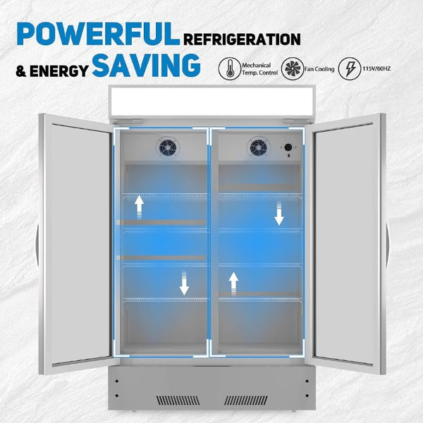 English Elm Commercial Two Door Glass Reach in Refrigerator with LED Lighting and 17 Cu Ft Cap W1192P222744