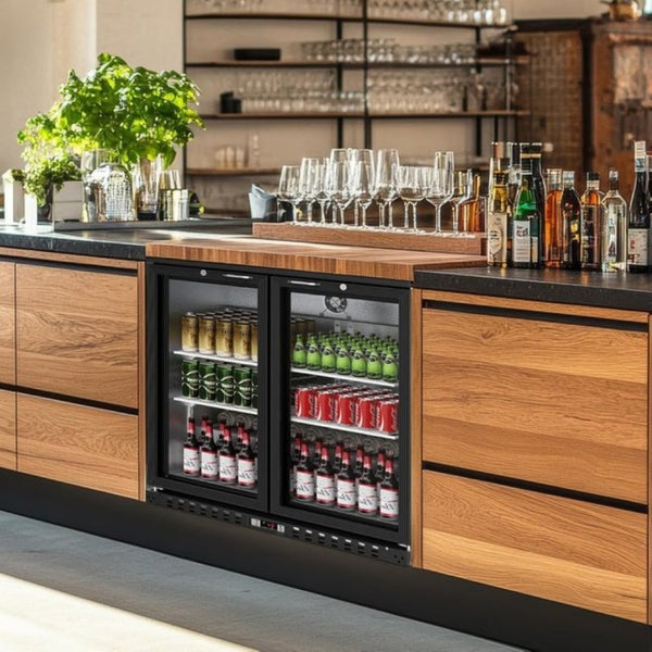 English Elm 7.4 Cu Ft Commercial Back Bar Cooler Dual Glass Doors Anti Fog LED Beverage Fridge W1192P248486