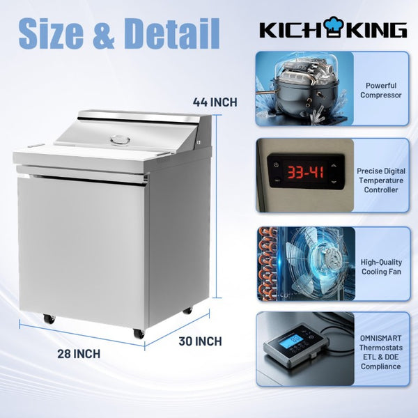 English Elm 27 Inch Stainless Steel Sandwich Prep Refrigerator Fan Cooled with Board and 8 Pans W1192P262166