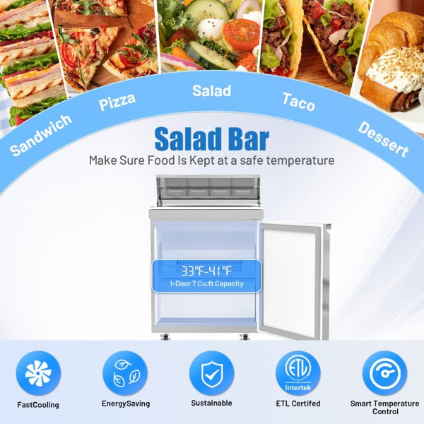 English Elm 27 Inch Stainless Steel Sandwich Prep Refrigerator Fan Cooled with Board and 8 Pans W1192P262166