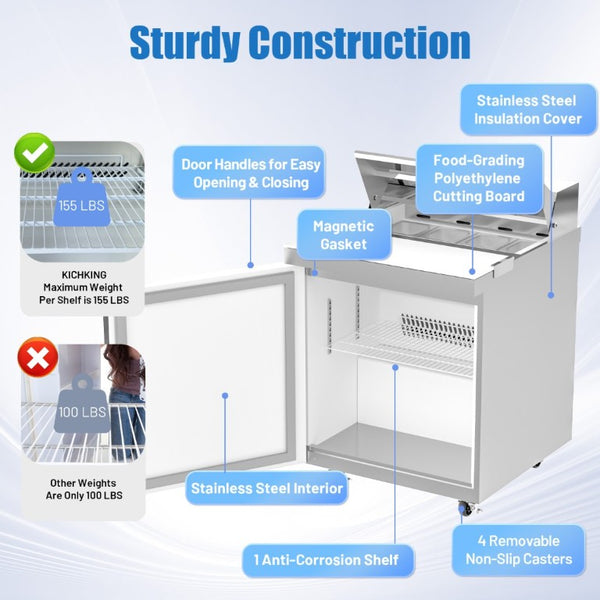 English Elm 27 Inch Stainless Steel Sandwich Prep Refrigerator Fan Cooled with Board and 8 Pans W1192P262166