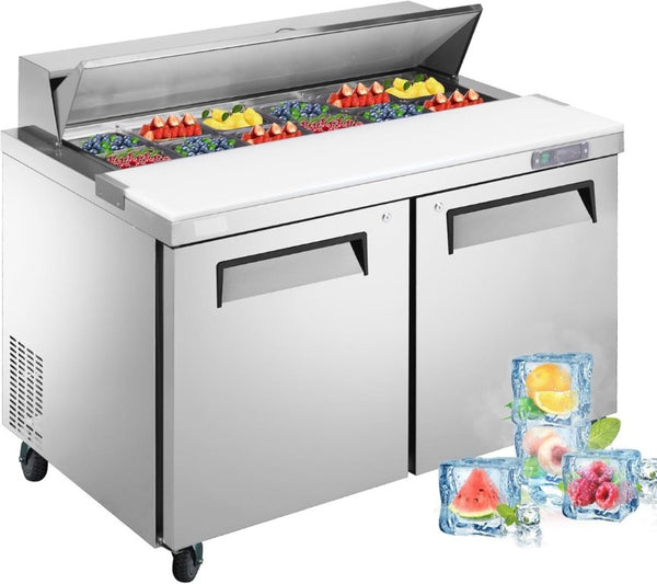 English Elm 48 Inch Commercial Stainless Steel Sandwich Salad Prep Table with Fan Cooling and 12 Pans W1192P262176