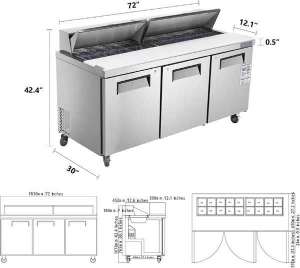 English Elm 72 Inch Commercial Stainless Steel Sandwich Salad Prep Table with Fan Cooling 30 Pans W1192P262183