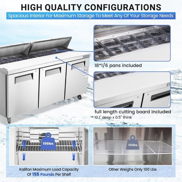 English Elm 72 Inch Commercial Stainless Steel Sandwich Salad Prep Table with Fan Cooling 30 Pans W1192P262183