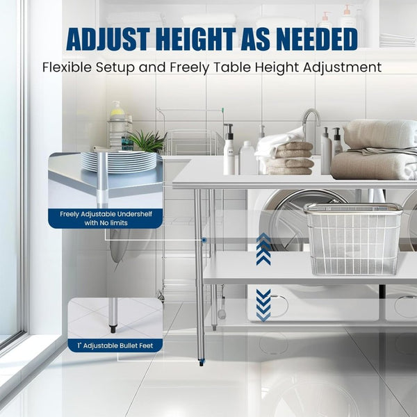 English Elm Stainless Steel Nsf Certified Prep Table with Adjustable Shelf for Commercial Use W1192P270102