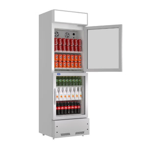 English Elm Commercial Dual Glass Door Beverage Merchandiser with LED Modes and Branding Lightbox W1192P272557