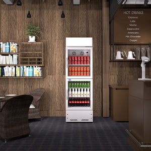 English Elm Commercial Dual Glass Door Beverage Merchandiser with LED Modes and Branding Lightbox W1192P272557