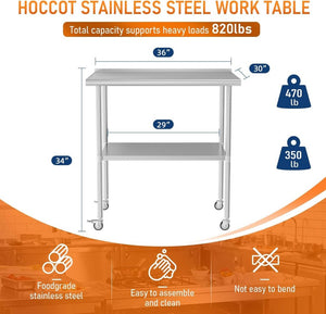English Elm Stainless Steel Nsf Certified Commercial Prep Table with Wheels and Adjustable Undershelf W1192P301423