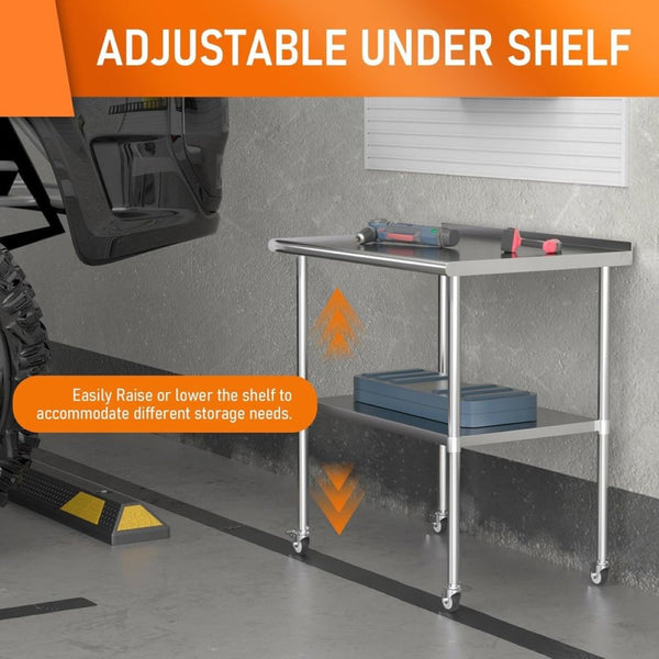 English Elm Stainless Steel Nsf Certified Commercial Prep Table with Wheels and Adjustable Undershelf W1192P301423