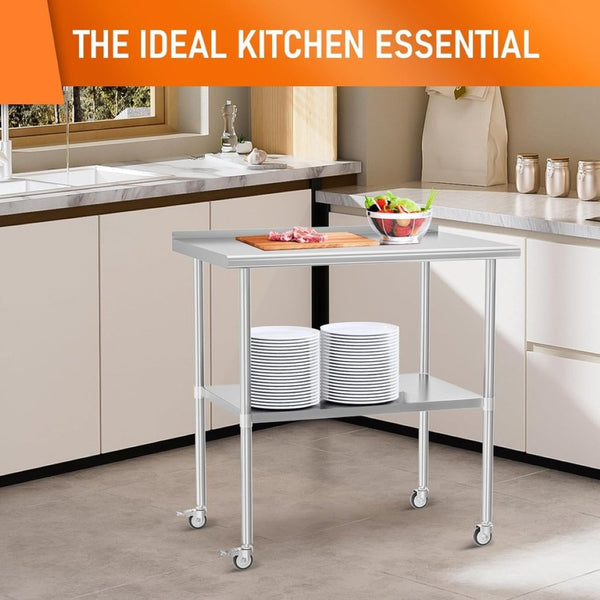English Elm Stainless Steel Nsf Certified Commercial Prep Table with Wheels and Adjustable Undershelf W1192P301423
