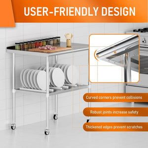 English Elm Stainless Steel Nsf Certified Commercial Prep Table with Wheels and Adjustable Undershelf W1192P301423