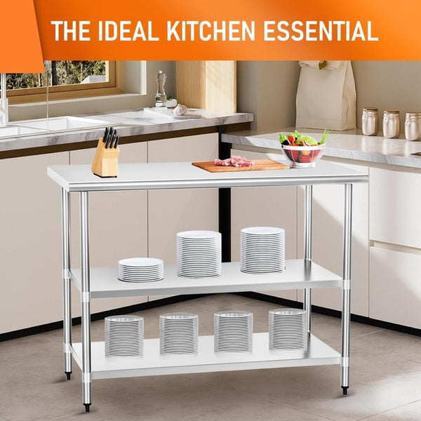 English Elm Stainless Steel Prep Table with Dual Adjustable Shelves for Kitchen Garage or Utility W1192P301431