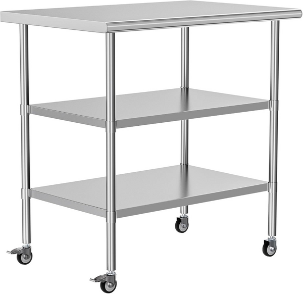 English Elm Stainless Steel Nsf Prep Table with Locking Casters and Two Adjustable Undershelves W1192P301449