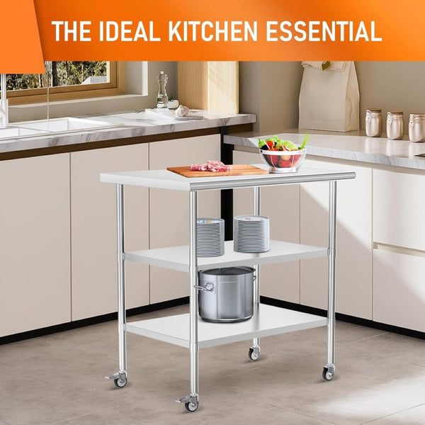 English Elm Stainless Steel Nsf Prep Table with Locking Casters and Two Adjustable Undershelves W1192P301449