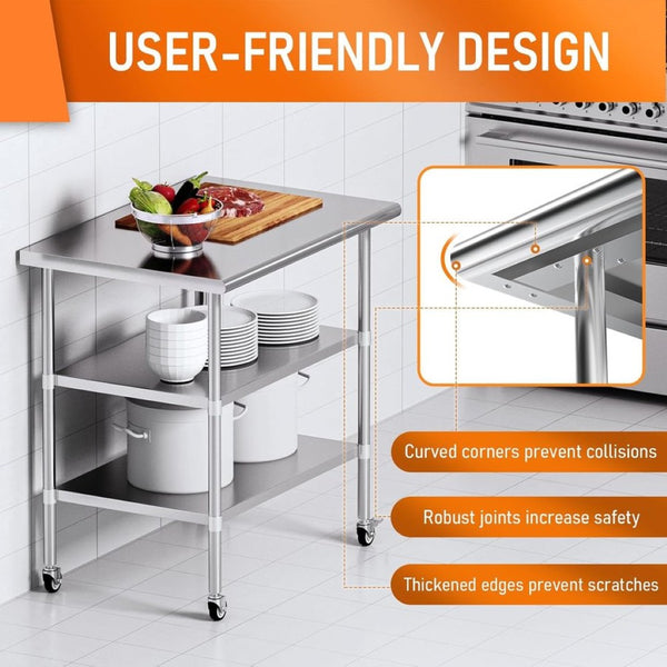 English Elm Stainless Steel Nsf Prep Table with Locking Casters and Two Adjustable Undershelves W1192P301449