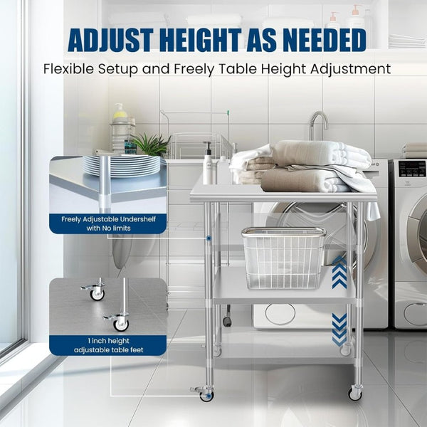 English Elm Stainless Steel Prep Table Nsf Certified Heavy Duty Adjustable Shelf with Casters W1192P326239