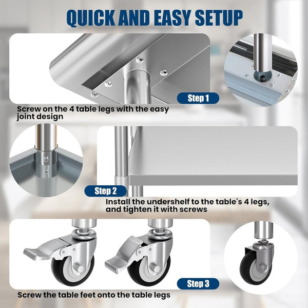 English Elm Stainless Steel Prep Table Nsf Certified Heavy Duty Adjustable Shelf with Casters W1192P326239
