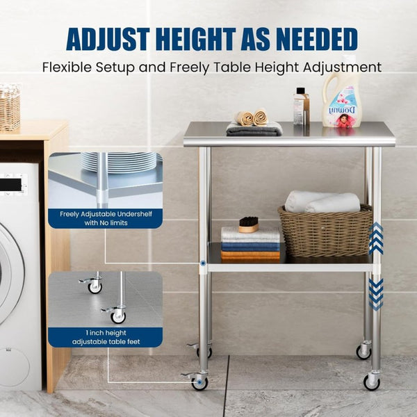 English Elm Stainless Steel Prep Table Nsf Certified Heavy Duty Adjustable Shelf with Casters W1192P326239