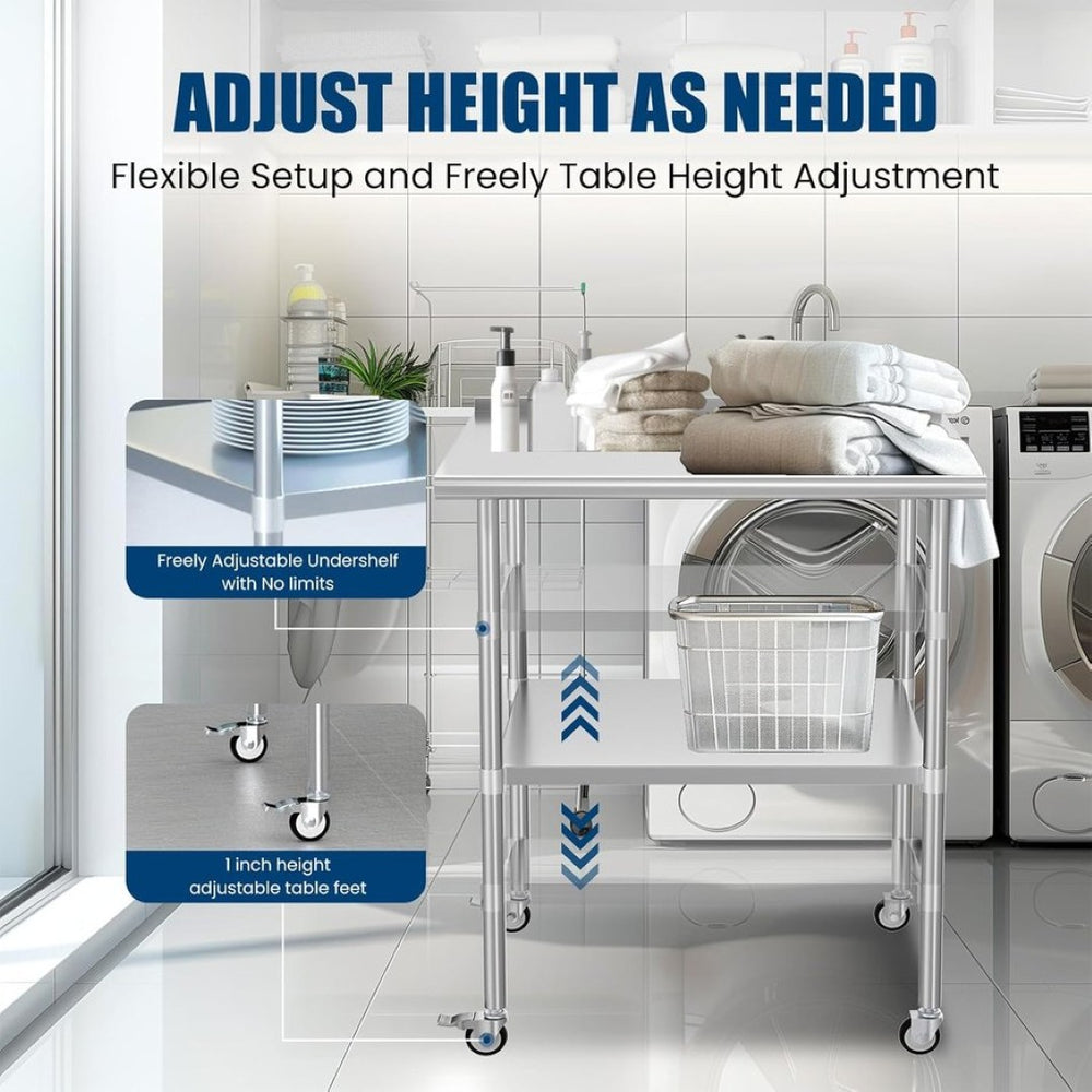 English Elm Stainless Steel Nsf Work Table with Backsplash Swivel Casters and Adjustable Shelf W1192P326240