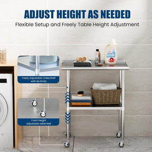 English Elm Stainless Steel Nsf Work Table with Backsplash Swivel Casters and Adjustable Shelf W1192P326240