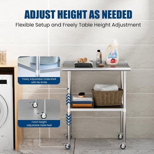 English Elm Stainless Steel Nsf Work Table with Backsplash Swivel Casters and Adjustable Shelf W1192P326240