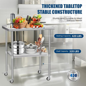 English Elm Stainless Steel Nsf Work Table with Backsplash Swivel Casters and Adjustable Shelf W1192P326240