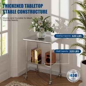 English Elm Stainless Steel Nsf Work Table with Backsplash Swivel Casters and Adjustable Shelf W1192P326240