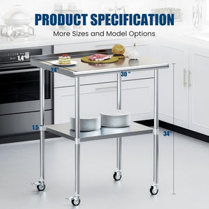 English Elm Stainless Steel Nsf Work Table with Backsplash Swivel Casters and Adjustable Shelf W1192P326240