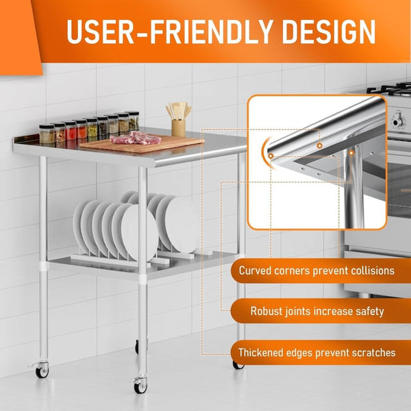 English Elm Stainless Steel Nsf Commercial Prep Table with Backsplash Adjustable Shelf and Locking Wheels W1192P326255