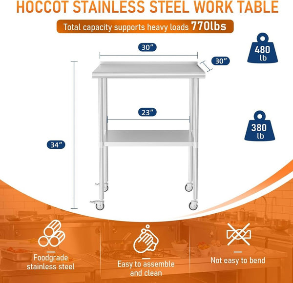 English Elm Stainless Steel Nsf Commercial Prep Table with Backsplash Adjustable Shelf and Locking Wheels W1192P326255
