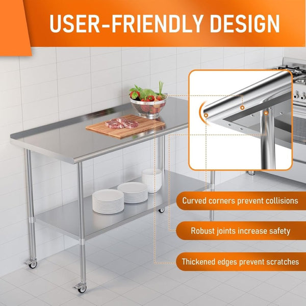 English Elm Stainless Steel Nsf Certified Prep Table with Locking Wheels and Adjustable Undershelf W1192P340898