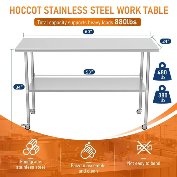 English Elm Stainless Steel Nsf Certified Prep Table with Locking Wheels and Adjustable Undershelf W1192P340898
