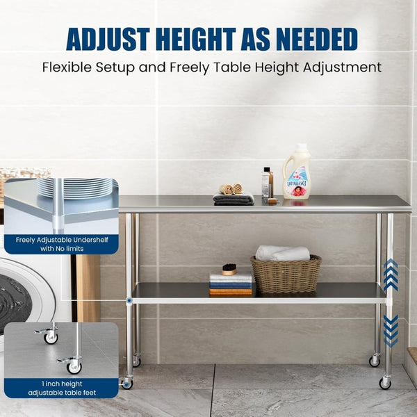 English Elm Stainless Steel Nsf Prep Table with Locking Casters and Adjustable Undershelf for Kitchens W1192P341035