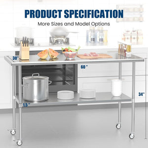 English Elm Stainless Steel Nsf Prep Table with Locking Casters and Adjustable Undershelf for Kitchens W1192P341035