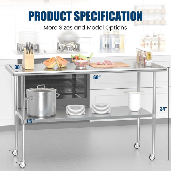 English Elm Stainless Steel Nsf Prep Table with Locking Casters and Adjustable Undershelf for Kitchens W1192P341035